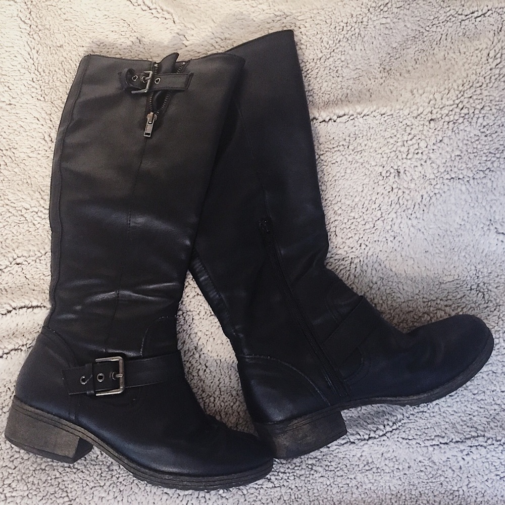 SO Black Boots Buckle Riding Zipper Tall Leather